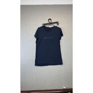 Kenneth Cole Shirt Womens Large Blue Short Sleeve Rhinestone Logo Made USA Tee